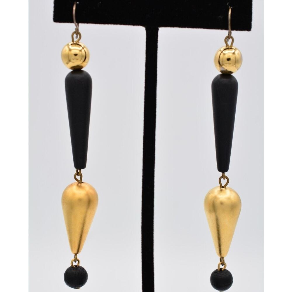 Vintage Dangle Earrings Black Beaded Brushed Gold Matte Drop Chunky 1990s BinAV
